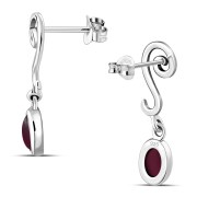 Swirling Ethnic Dangling Drop Stud Silver Earrings w/ Garnet Stone - e166